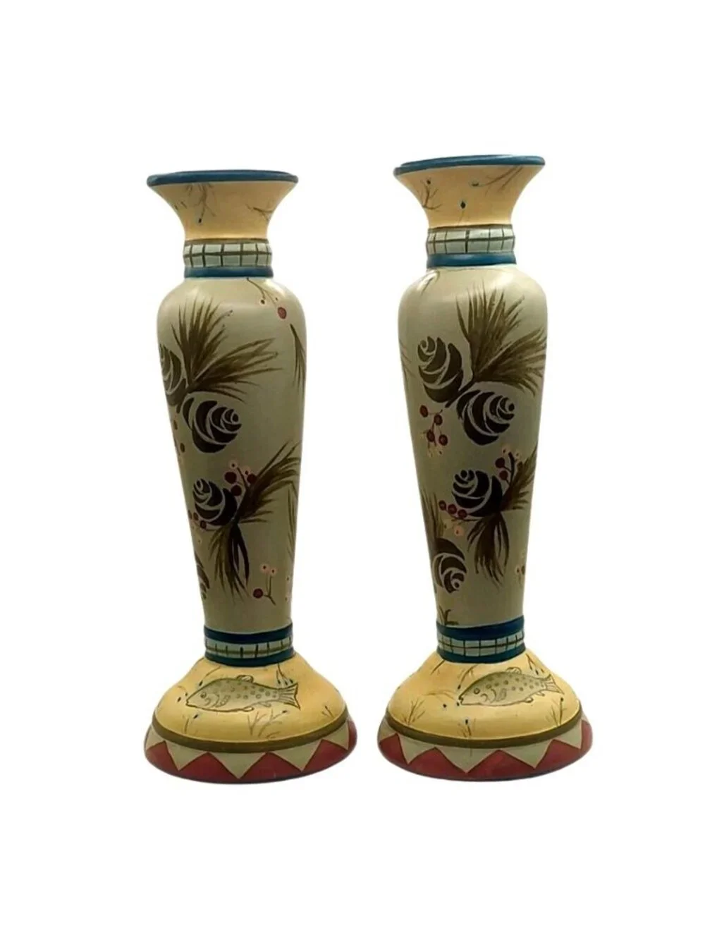 Hand Painted Fish Candle Holder Set Of 2 High Country Lodge Danna Cullen Ceramic